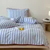 Juego de ropa de cama de algodón 100% teñido en hilo de algodón lavado estilo INS coreano, funda de edredón a rayas simples de algodón puro, ropa de cama serie primavera temprana