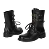 Botas de mujer de media pantorrilla transfronterizas para otoño e invierno, suela de goma versátil, antideslizantes, con hebilla, botas de mujer de talla grande, color liso, punta redonda, botas de montar