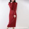 Vestido de suéter de cachemira para mujer, otoño e invierno, alargado por encima de la rodilla, de pura lana, de punto, de corte ajustado, cuello alto medio, falda de punto.