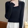 Suéter interior de lana con cuello cuadrado estilo extranjero para mujer, top ajustado de manga larga, camisa de punto estilo occidental con cuello cuadrado