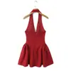 Vestido Francés de Terciopelo con Lunares, Cuello Halter Profundo en V, Mangas Abullonadas Fruncidas en la Falda, Estilo Europeo y Americano, Elegante y Único, Vestido que Ceñe la Cintura y Adelgaza