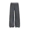 Pantalones Casuales de Verano Unisex de Pierna Recta Sueltos Estilo Universitario Bloques de Color Cuadros Retro Americano Cintura con Cordón