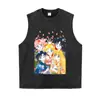 Nueva Camiseta de Manga Corta con Retrato Grupal de Personajes de Anime Japonés Estampado Flores Fritas Chica Vieja Vintage Cómic Manga Larga Transfronterizo