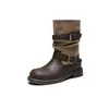 Botas Martin de Brim com Solado Grosso Aumentadoras de Altura Femininas 2026 Nova Outono Bico Redondo Meio da Panturrilha Botas Ocidentais com Fivela e Tira Transfronteiriça