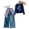 Conjunto para Meninas Primavera e Outono 2025 Novo Estilo Coreano Camisa Básica de Manga Longa Infantil Calça Jeans Xadrez Tendência