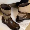 Botas Cavaleiro Slimming Retro Outono/Inverno 2026 Novo Estilo Fivela Estilo Britânico Meia-Panturrilha Versátil Bico Redondo Botas Franzidas