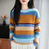 Nueva Colección Otoño/Invierno 2026: Suéter de punto para mujer de manga larga y cuello redondo con rayas de hilo de colores, jersey de ajuste holgado como capa base