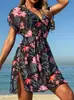 2027 Roupa de Banho Manga Curta Europeia e Americana Amazon Cover-Up, Malha Cincha Cintura Vestido de Banho Feminino de Alta Qualidade