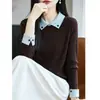 Suéter de Punto con Bloques de Color Estilo Universitario Coreano, Solapa, Falso Dos Piezas, para Mujer, Otoño Invierno, para el Trabajo, Adelgazante, Capa Interior, Tacto de Alta Gama, Suéter para Mujer