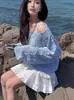 Tejido Fino Estilo Coreano con Ligera Transparencia, Diseño Hueco, Cubierta Protectora Solar, Hombros Descubiertos, Seda de Hielo, Tejido de Punto Trenzado, Jersey, Suéter de Manga Larga para Mujer
