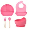 Conjunto de Louças de Silicone de Grau Alimentício para Bebê Prato de Jantar Antiderrapante Tigela Prato Integrado Dividido para Alimentação Babador