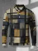 Camisa polo de manga larga para hombre con bloques de color, top casual con cuello de tres botones, con cuello marrón y un diseño de bloques de color en marrón, blanco y negro, con un estilo inspirado en lo tribal