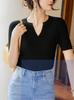 Top Suéter de Manga Corta Tencel Lyocell Verano y Otoño Sencillo Cuello en V Pequeño Camiseta de Manga Corta para Mujer