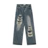 Jeans masculinos americanos de rua retrô com patch, design rasgado, nicho, calças casuais retas soltas modernas