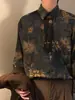 Camisa retro estilo chino con estampado floral de manga larga para hombre y mujer, primavera y otoño, elegante y fresca, corte holgado, color azul