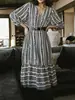 Transfronterizo 2025 Amazon Aliexpress Primavera y Verano Holgado Retro Rayas Manga Larga Vestido Nuevo Estilo Casual Japonés y Coreano
