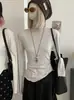 KEKEZOON Camiseta Base Manga Longa Slim Fit Cor Sólida Gola Meio Alta com Babados Ombro Normal para Mulheres 8705