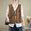 Chaleco de punto 100% algodón para mujer, nuevo de principios de otoño 2024, vintage, artístico, versátil, sin mangas, cuello en V, prenda de abrigo