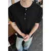 Camiseta de Punto de Manga Corta con Cuello Henry Estilo Old Money para Hombre, Diseño Delgado de Verano con Patchwork, Marca de Moda, Top Fresco de Media Manga
