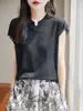 Camiseta de punto fino de seda helada estilo chino, cuello mao, manga corta nueva para mujer, chaleco base retro de verano moderno