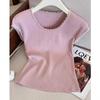 NUNBAI Estilo Francés Estilo Camiseta de Manga Corta Tejida de Seda de Hielo para Mujer Verano Pequeño Top Estilo Occidental