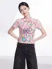 Top plisado de alta calidad Miyake para mujer, estilo fino de verano, cuello alto pequeño, popular en Japón y Corea, camiseta de manga corta con estampado de dibujos animados para mujer