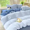 Juego de Cuatro Piezas de Algodón Puro para Dormir sin Tintes Clase A ins Estilo Fresco Pequeño Color Sólido Algodón Lavado Supersuave Sábana Bajera Estilo Sábana de Cama Funda Nórdica Juego de Tres Piezas