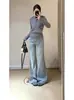 Jeans Acampanados de Tiro Bajo Estilo Americano Azul Claro Pequeños para Mujer, Pantalones Rectos Ajustados de Longitud Completa Novedad de Otoño