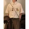 Camisa de Pana de Manga Corta Estilo Universitario Retro Americano de Verano Bordada con Gato para Hombre Versátil Casual