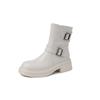 Botas Curtas Fashionáveis Estilo Britânico Street-Style Outono e Inverno 2026 Novas Bico Redondo Solado Grosso Salto Bloco Fivela de Cinto Botas de Motociclista para Mulheres