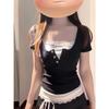 Camiseta Coreana de Encaje con Empalme de Falso Dos Piezas de Manga Corta para Mujer Verano 2025 Nueva Hombro Derecho Slim Top Corto con Cuello en V