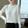 Novo Outono/Inverno 2026 Malha 100% Lã Gola Redonda Manga Longa Feminina Cor Sólida Costela Twill Camada de Base Top