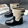 Botas de media pantorrilla para mujer con hebilla de cinturón de bloques de color estilo coreano, estilo británico vintage, nuevas botas de ciclismo de nicho 2026, botas de tacón medio con punta redonda