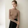 Suéter de cachemira pura de lujo para mujer, cuello semi-alto, acanalado, corte ajustado, manga larga, tejido sencillo, suéter básico ajustado