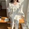 Pijama de Algodón Nube para Mujer, Estilo Princesa Primavera y Otoño Encaje Manga Larga Dulce Casual Delgado Conjunto de Ropa para el Hogar para Mujer