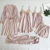 Fabricante de Pijamas al por Mayor Camisola de Seda Sintética para Mujer Ropa de Dormir Encaje Conjunto de Varias Piezas Ropa de Casa Lencería Camisón Sexy de Encaje