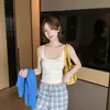 ¡Wow, camisola de color sólido estilo americano con cuello halter para mujer, adecuada tanto para llevar por dentro como por fuera, con hermosas tiras en la espalda y copas en el pecho, corte ajustado, perfecta para chicas sexys