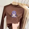 Camiseta de manga longa dupla face em fleece estilo coreano para meninas, coleção outono e inverno, para crianças mais velhas, justa, quente, gola alta discreta, base casual