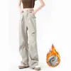 Calça de Trabalho com Rebites para Mulheres, Novo Estilo Primavera 2026, Cintura Alta, Emagrecimento, Caimento Solto, Petite, Esportiva, Perna Reta, Calça de Perna Larga com Forro de Fleece