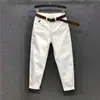 Jeans Rectos Elásticos Blancos Talla Extra para Mujer, Estilo Delgado de Verano, Cintura Alta, Adelgazantes, Pantalones Harem Cropped Estilo Papá