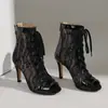 Sandalias de Tacón Alto de Comercio Exterior Talla Grande 2023 Botines de Malla Zapatos Casuales de Verano Sandalias Boca de Pez Cierre Frontal de Cordones 4046 Malla Negra