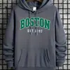 Moletom Masculino Estiloso com Capuz e Cordão com Estampa de Boston, Perfeito para Outono e Inverno, Combinado com