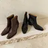 Botines cortos ajustados para mujer hechos de piel de vaca de capa superior, nuevo estilo otoño e invierno, piel genuina, punta cuadrada, cierre de cremallera trasera, tacón alto grueso