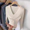 Suéter de Punto Interior de Lana con Cuello en V de Otoño e Invierno para Mujer, Ajustado, de Aguja Fina, Elegante, Suave, Cerosa, Base, Suéter Fino de Manga Larga