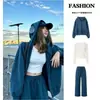 Sudadera con Capucha Azul Ropa Exterior Holgada para Mujer Conjunto Otoño Temprano 2026 Estilo Coreano Casual Relajado Ropa Deportiva