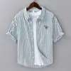 Camisa de manga corta a rayas bordadas de verano para hombre, estilo japonés, informal, fina, fresca y sencilla, moderna, C04
