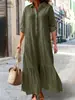 2026 Nuevo Estilo Europeo y Americano de Comercio Exterior Vestido Largo Irregular de Algodón y Lino con Cuello de Camisa y Botones Retorcidos Vestido Casual