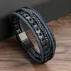Moda europeia e americana criativa multi-camada pulseira de couro personalizada tendência tecida simples ímã fivela pulseira de couro PU pulseira masculina