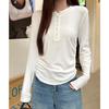 Preço Real # Camiseta Feminina Gola V Manga Longa Estilo Retrô Americano Outono 2025 Nova Camisa Básica Slim Top Interno