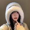 Gorro Mullido a Rayas con Combinación de Colores para Mujer Otoño e Invierno Estilo Coreano que Afina el Rostro Protección para Orejas Pequeñas Sombrero Lei Feng Cálido de Lana Tejida